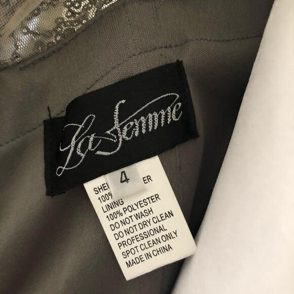 La Femme - Sequined, Shirred Trumpet Dress in Gunmetal NWT Size 4 - Picture 4 of 10